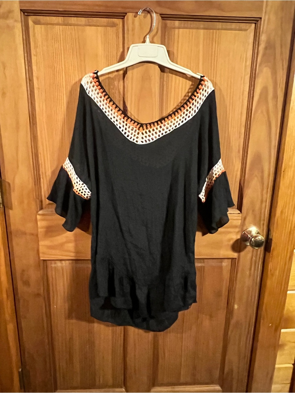 Women’s Black Crochet-Trim Cold Shoulder Swimsuit coverup Top